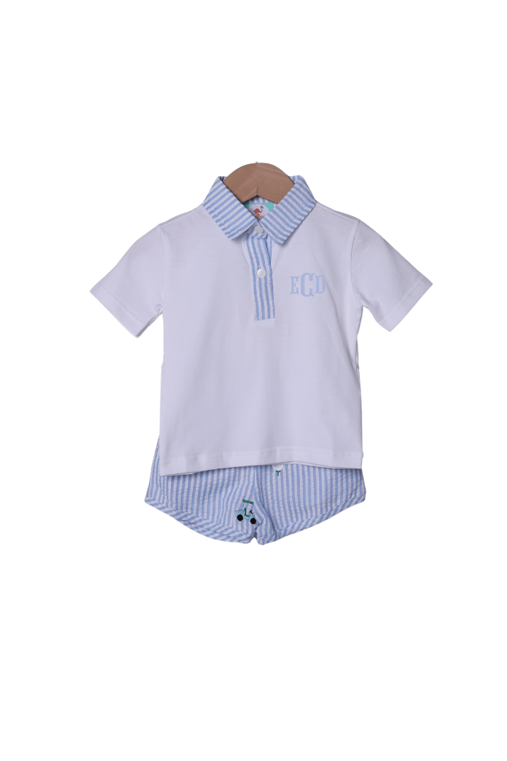 The Smocked Flamingo Apparel & Accessories Embroidered Golf Blue Seersucker Short Set