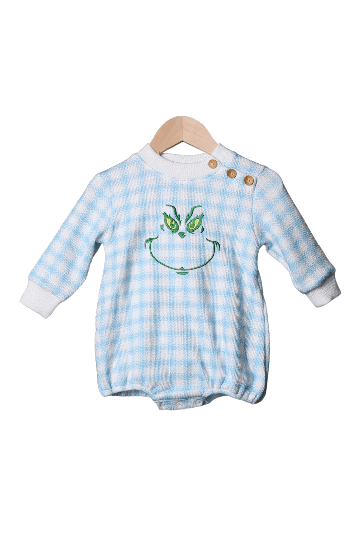 The Smocked Flamingo Apparel & Accessories Embroidered Grouch Blue Gingham Cardigan Bubble