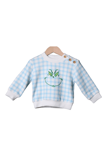 The Smocked Flamingo Apparel & Accessories Embroidered Grouch Blue Gingham Cardigan Pullover