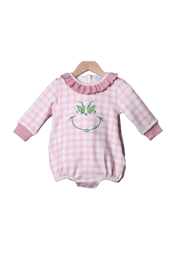 The Smocked Flamingo Apparel & Accessories Embroidered Grouch Pink Gingham Cardigan Bubble