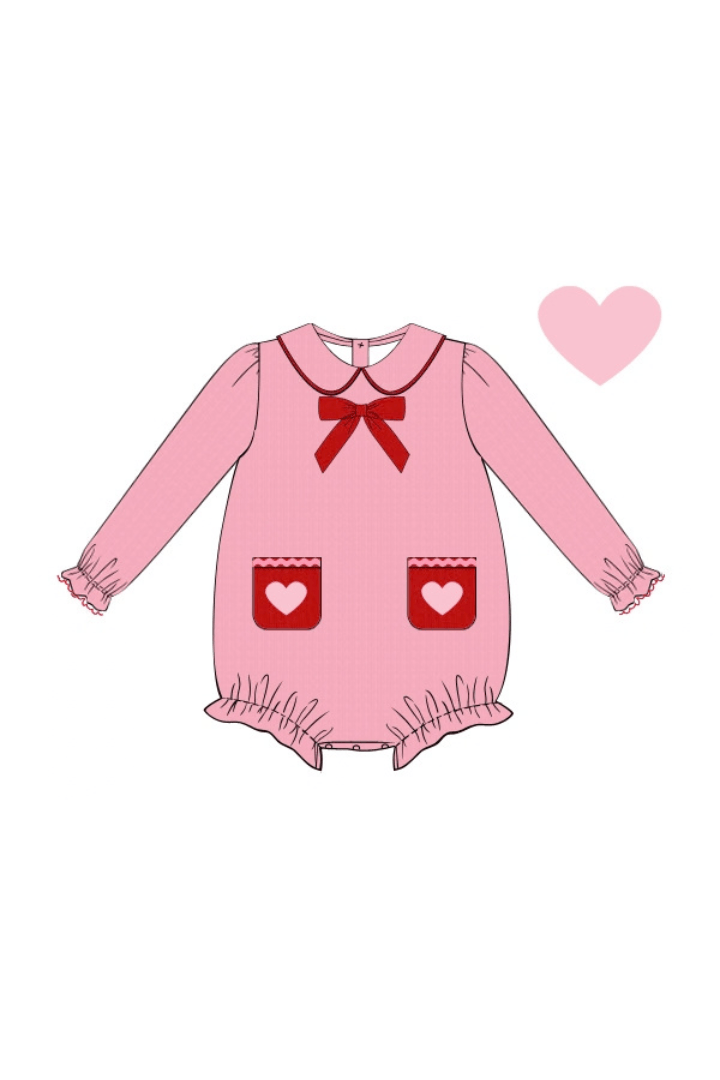 The Smocked Flamingo Apparel & Accessories Embroidered Heart Pink and Red Corduroy Bubble