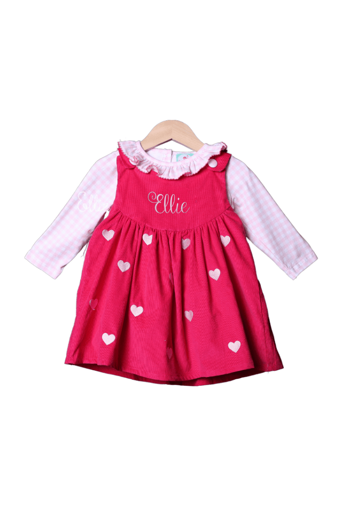The Smocked Flamingo Apparel & Accessories Embroidered Heart Pink Corduroy Dress