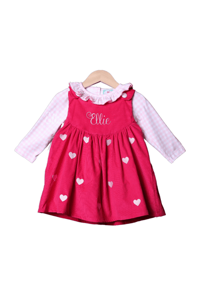The Smocked Flamingo Apparel & Accessories Embroidered Heart Pink Corduroy Dress