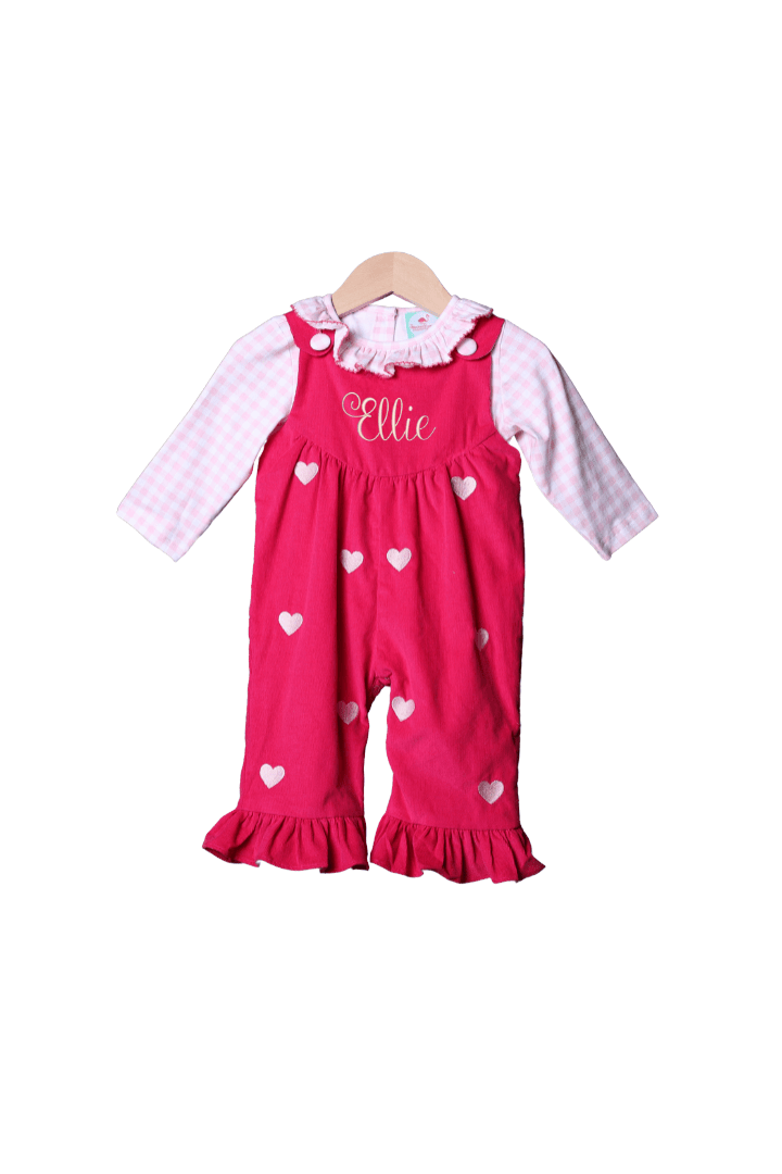 The Smocked Flamingo Apparel & Accessories Embroidered Heart Pink Corduroy Romper