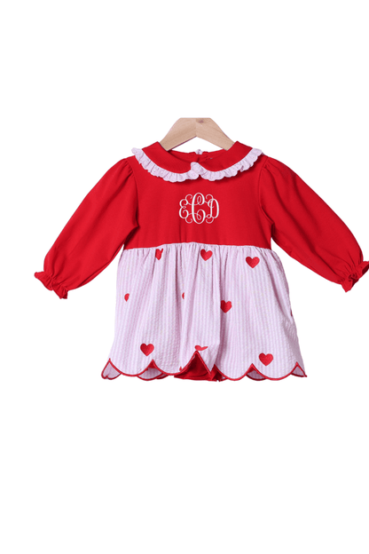 The Smocked Flamingo Apparel & Accessories Embroidered Heart Red and Pink Seersucker Bubble