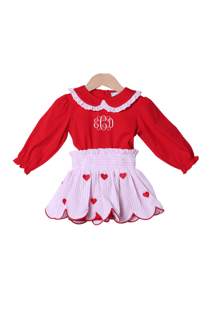 The Smocked Flamingo Apparel & Accessories Embroidered Heart Red and Pink Seersucker Skort Set
