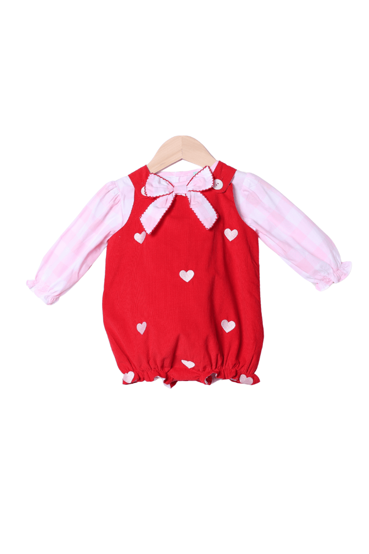 The Smocked Flamingo Apparel & Accessories Embroidered Heart Red Corduroy Pink Gingham 2Pcs Bubble