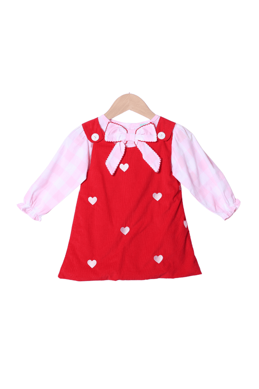 The Smocked Flamingo Apparel & Accessories Embroidered Heart Red Corduroy Pink Gingham 2Pcs Dress