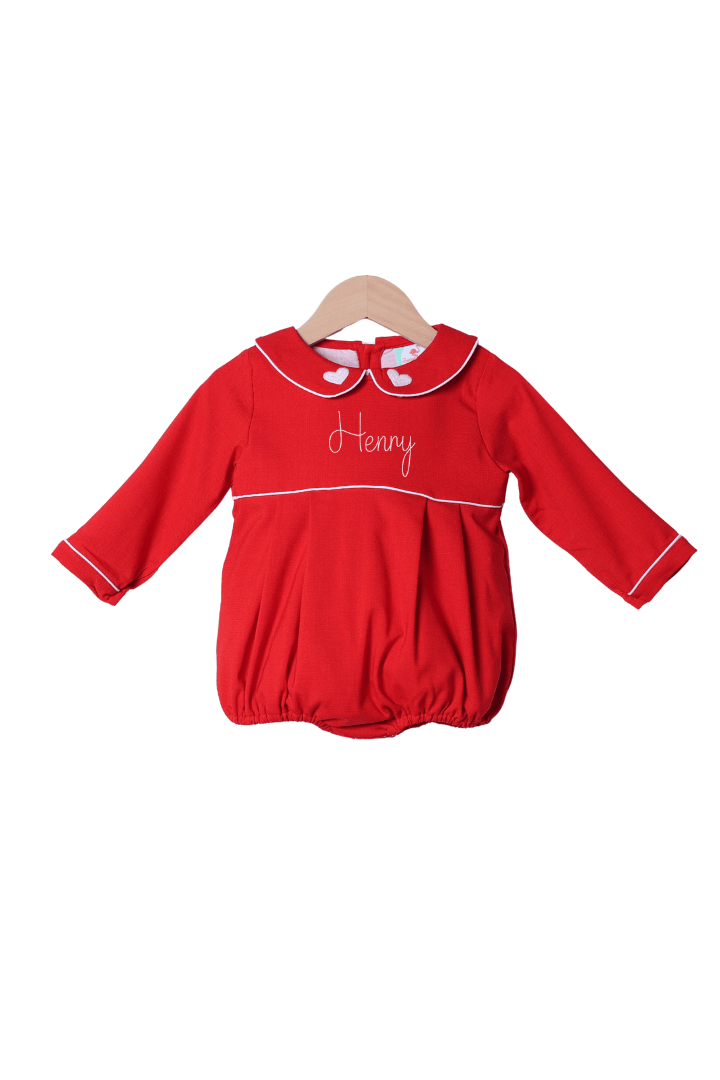 The Smocked Flamingo Apparel & Accessories Embroidered Heart Red Linen Bubble