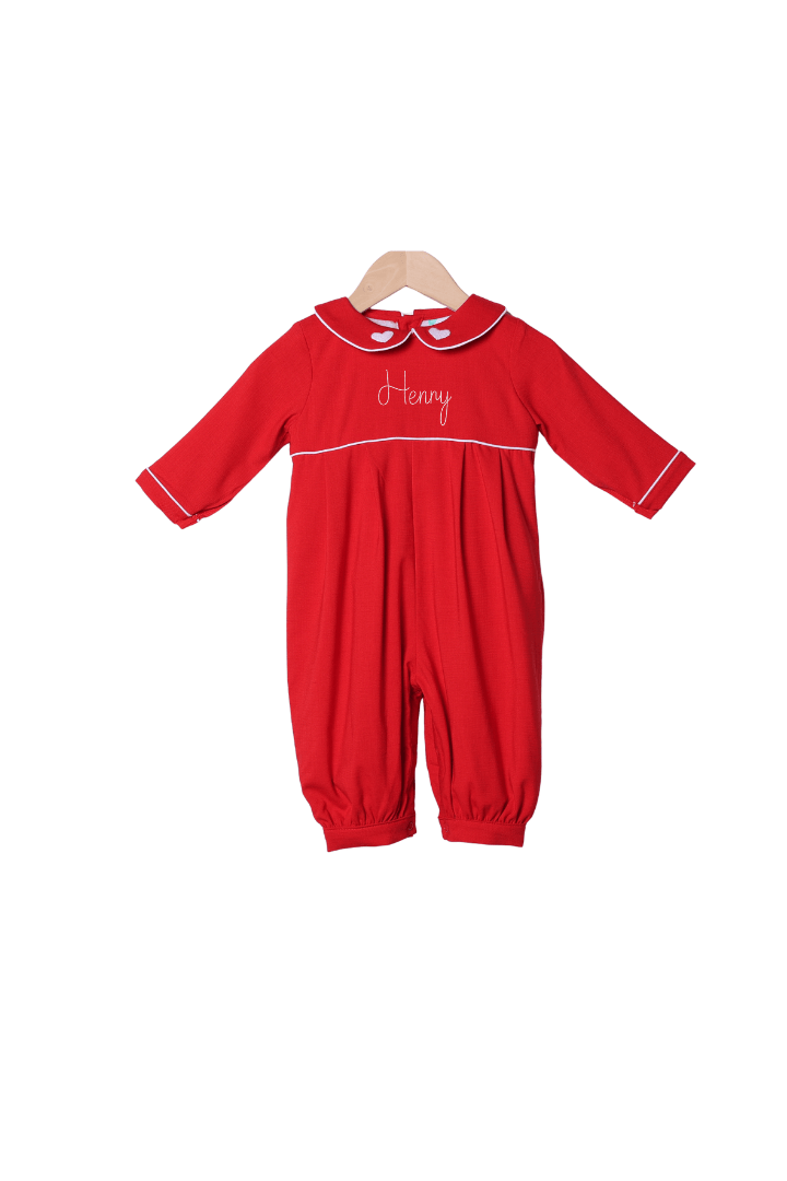 The Smocked Flamingo Apparel & Accessories Embroidered Heart Red Linen Romper