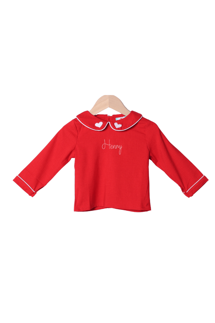 The Smocked Flamingo Apparel & Accessories Embroidered Heart Red Linen Shirt