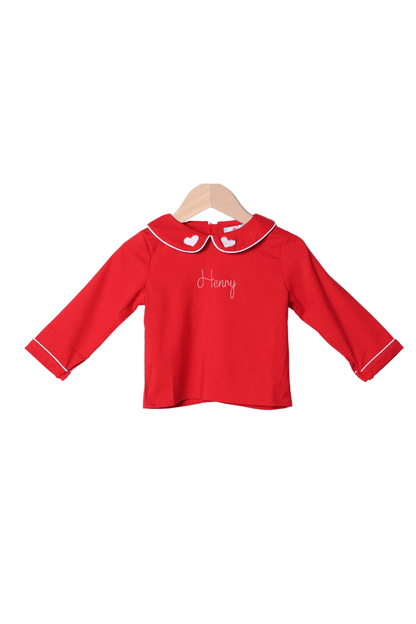 The Smocked Flamingo Apparel & Accessories Embroidered Heart Red Linen Shirt