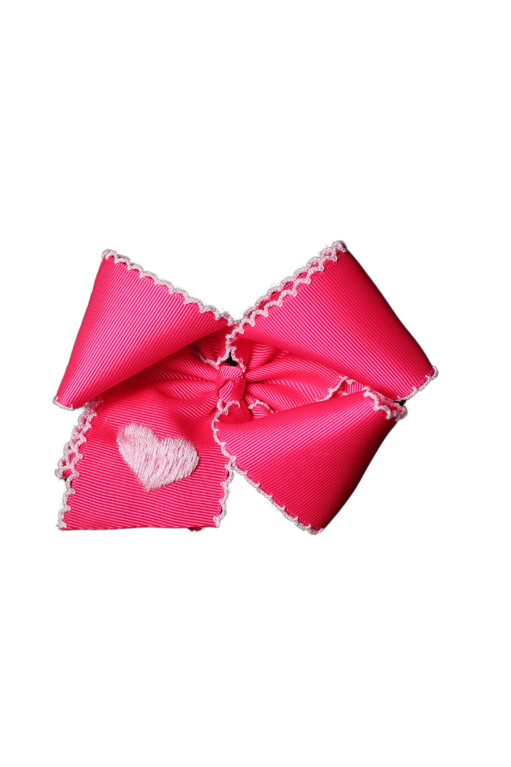 The Smocked Flamingo Apparel & Accessories Embroidered Heart Scalloped Edge Grosgrain Bow Pink