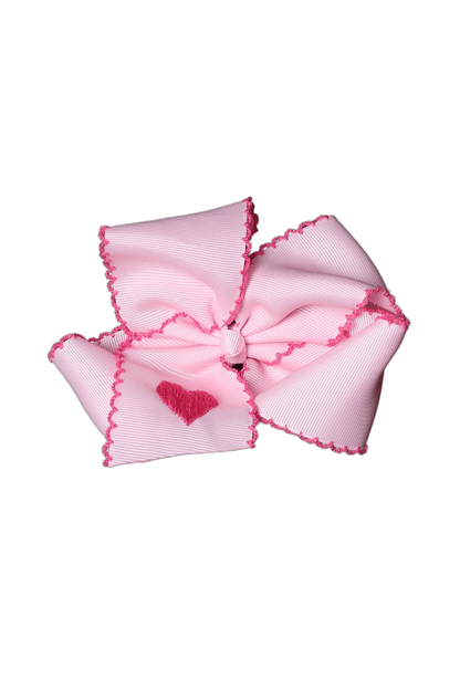 The Smocked Flamingo Apparel & Accessories Embroidered Heart Scalloped Edge Grosgrain Bow Pink/Pink