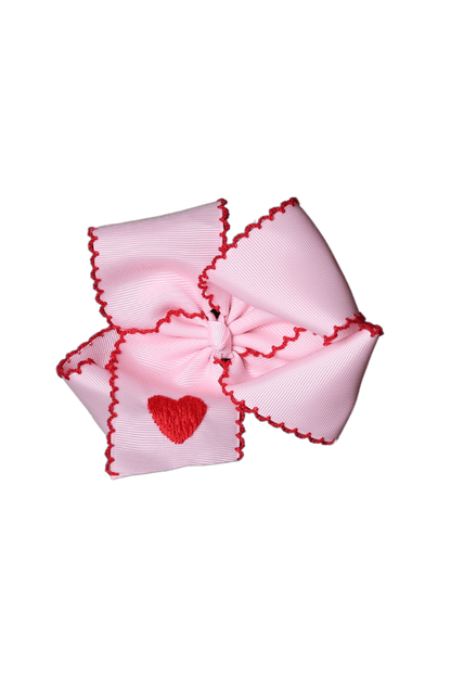 The Smocked Flamingo Apparel & Accessories Embroidered Heart Scalloped Edge Grosgrain Bow Pink/Red