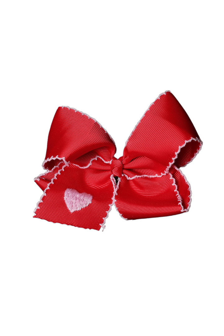 The Smocked Flamingo Apparel & Accessories Embroidered Heart Scalloped Edge Grosgrain Bow Red/Pink