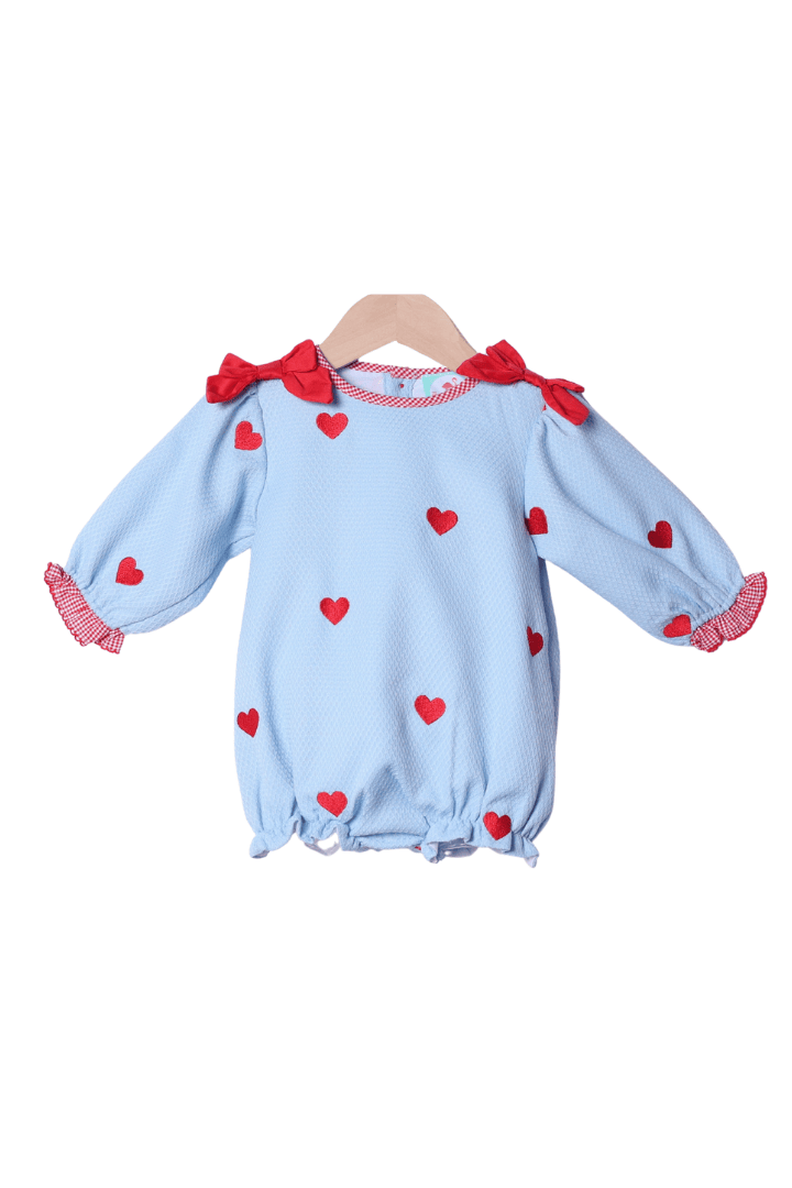 The Smocked Flamingo Apparel & Accessories Embroidered Hearts Blue Honeycomb Bubble