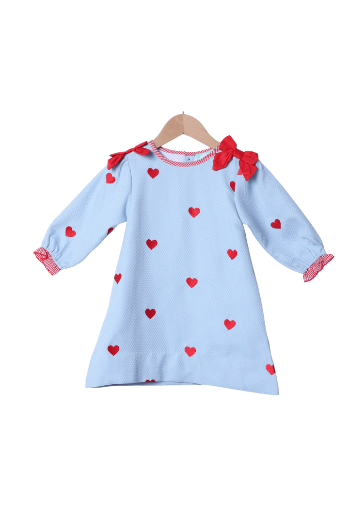 The Smocked Flamingo Apparel & Accessories Embroidered Hearts Blue Honeycomb Dress