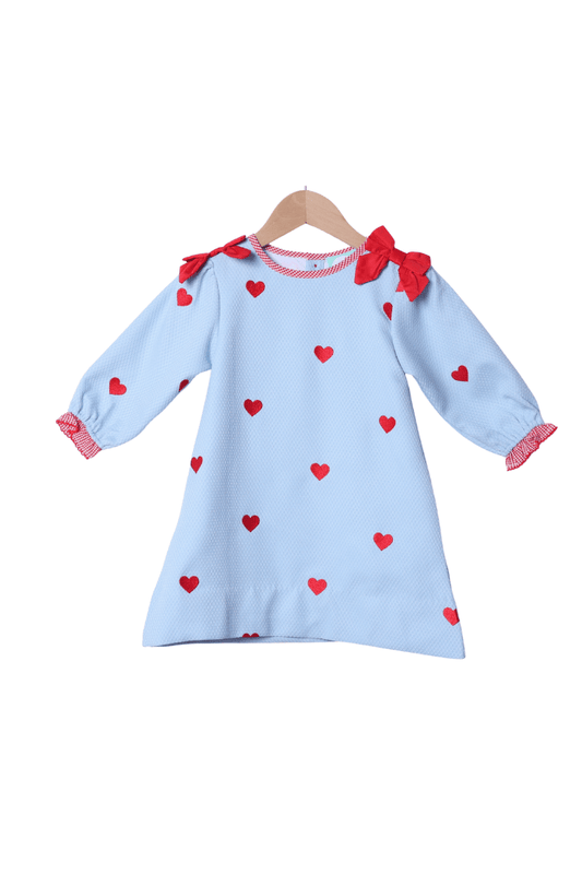 The Smocked Flamingo Apparel & Accessories Embroidered Hearts Blue Honeycomb Dress
