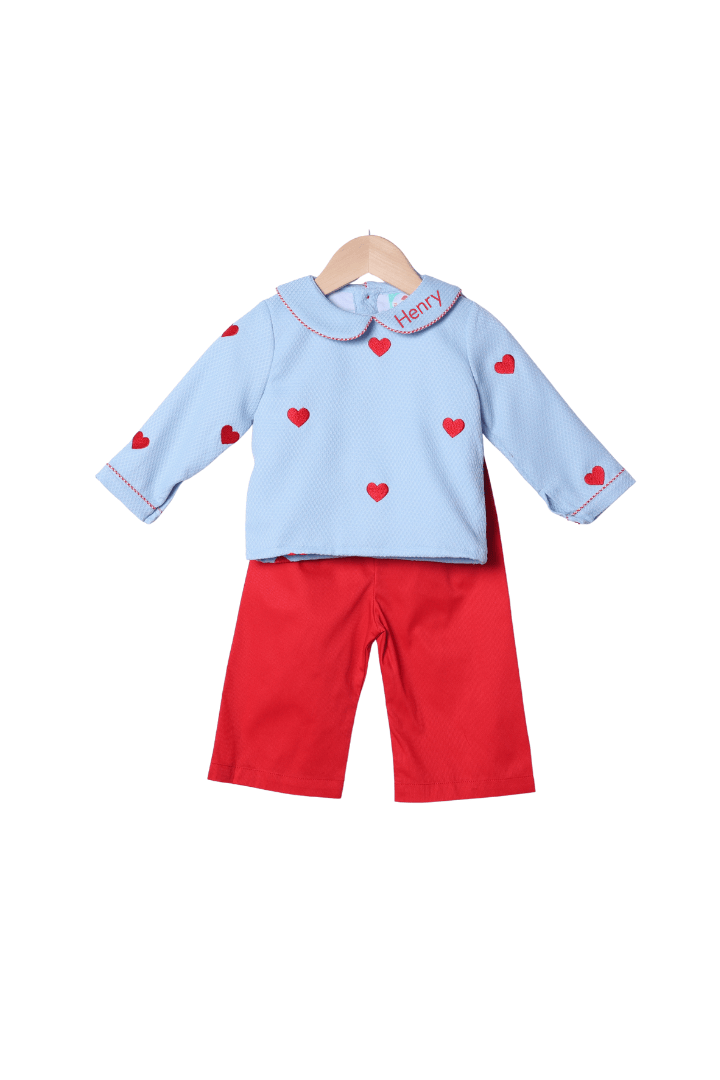 The Smocked Flamingo Apparel & Accessories Embroidered Hearts Blue Honeycomb Pant Set
