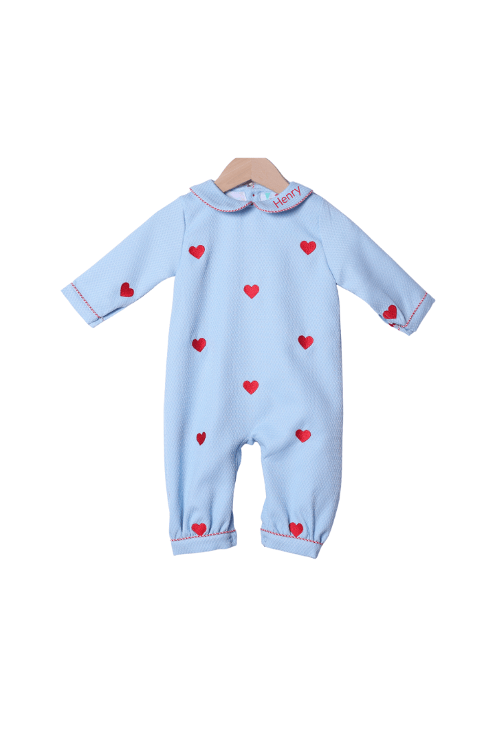 The Smocked Flamingo Apparel & Accessories Embroidered Hearts Blue Honeycomb Romper