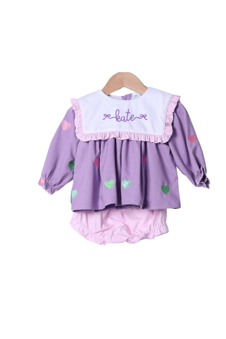 The Smocked Flamingo Apparel & Accessories Embroidered Hearts Lavender Linen Ruffle Bloomer Set