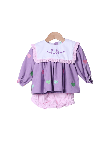 The Smocked Flamingo Apparel & Accessories Embroidered Hearts Lavender Linen Ruffle Bloomer Set