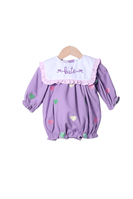 The Smocked Flamingo Apparel & Accessories Embroidered Hearts Lavender Linen Ruffle Bubble