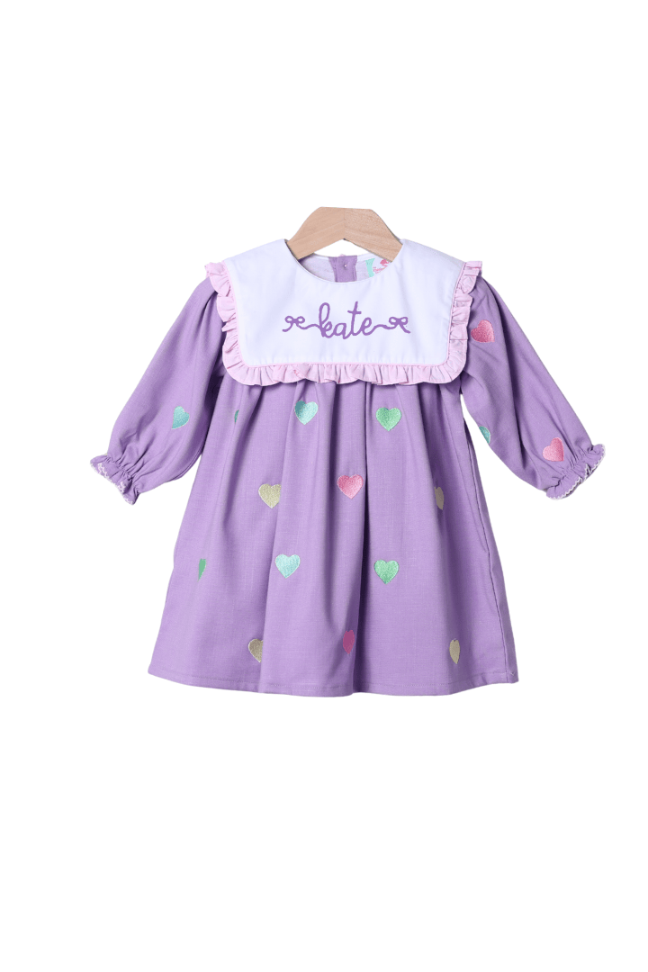 The Smocked Flamingo Apparel & Accessories Embroidered Hearts Lavender Linen Ruffle Dress