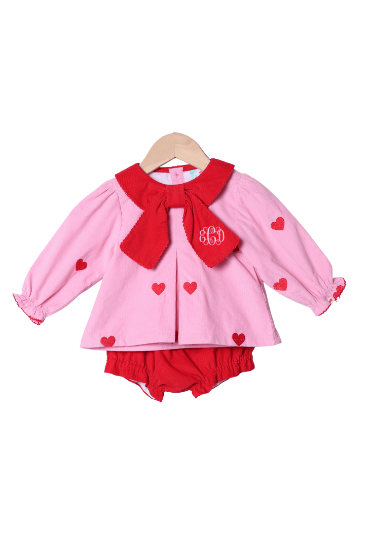The Smocked Flamingo Apparel & Accessories Embroidered Hearts Pink and Red Corduroy Bloomer Set