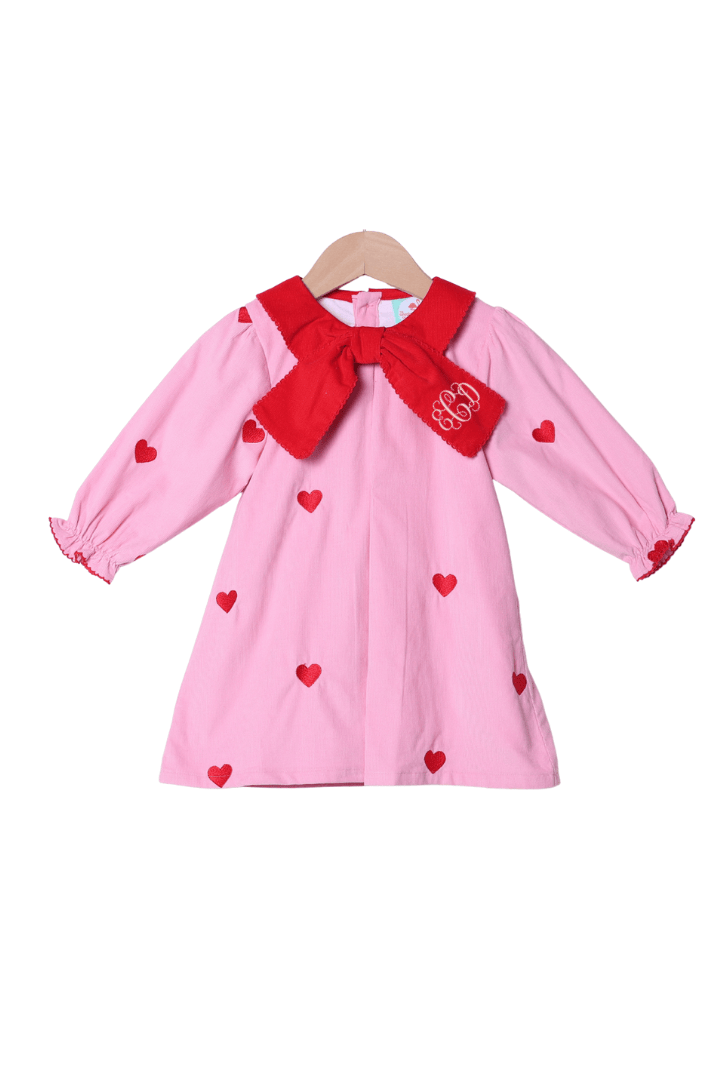 The Smocked Flamingo Apparel & Accessories Embroidered Hearts Pink and Red Corduroy Dress