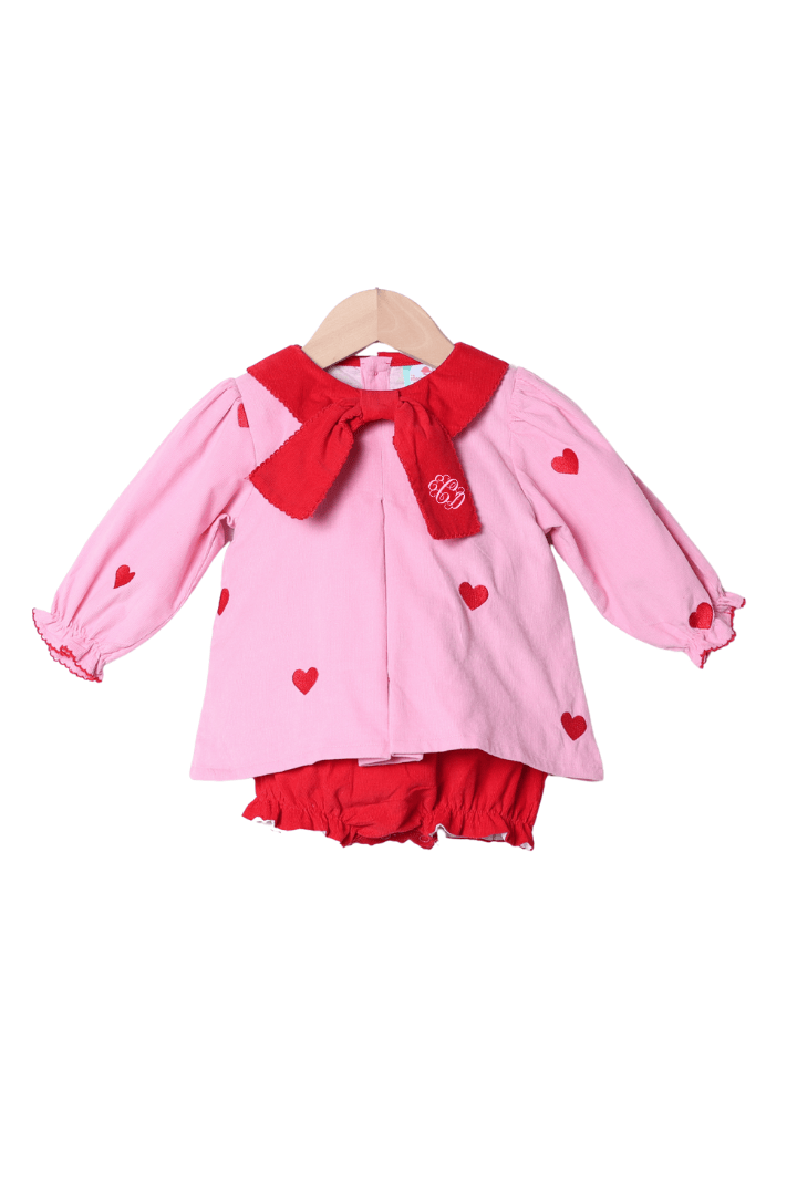 The Smocked Flamingo Apparel & Accessories Embroidered Hearts Pink and Red Corduroy Skirted Bubble