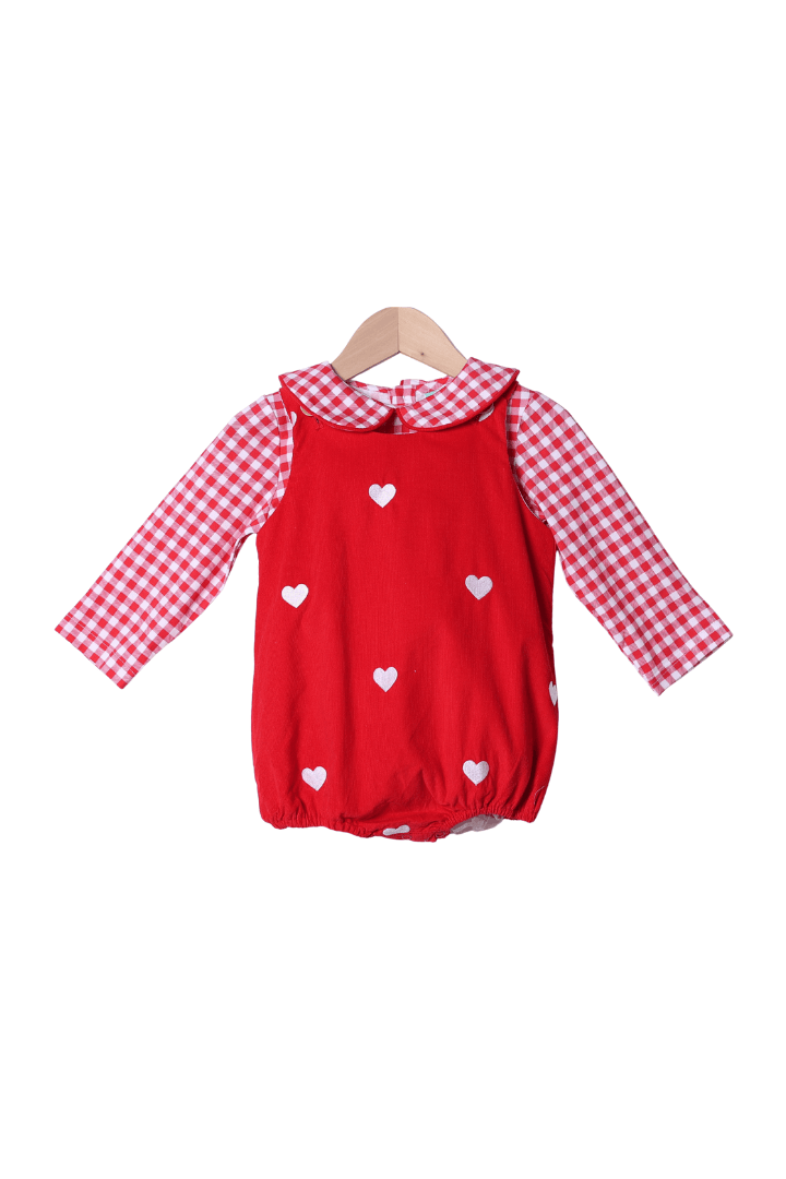 The Smocked Flamingo Apparel & Accessories Embroidered Hearts Red Corduroy 2 Pcs Bubble Set