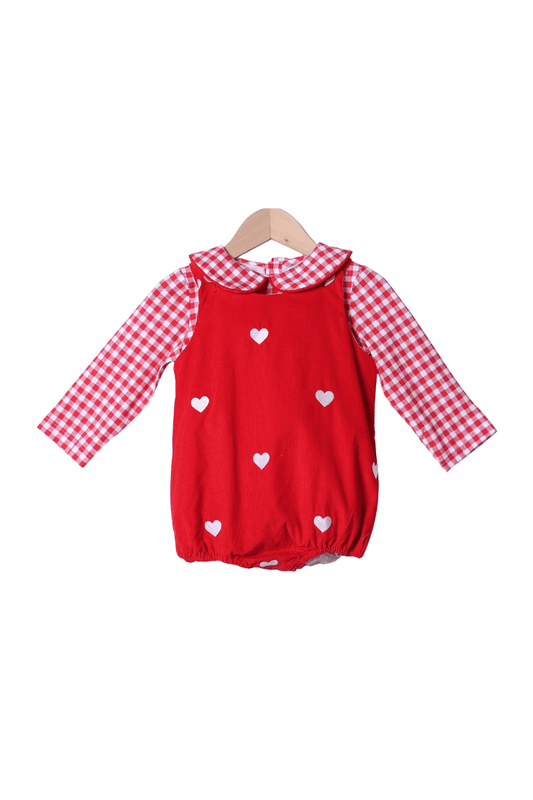 The Smocked Flamingo Apparel & Accessories Embroidered Hearts Red Corduroy 2 Pcs Bubble Set