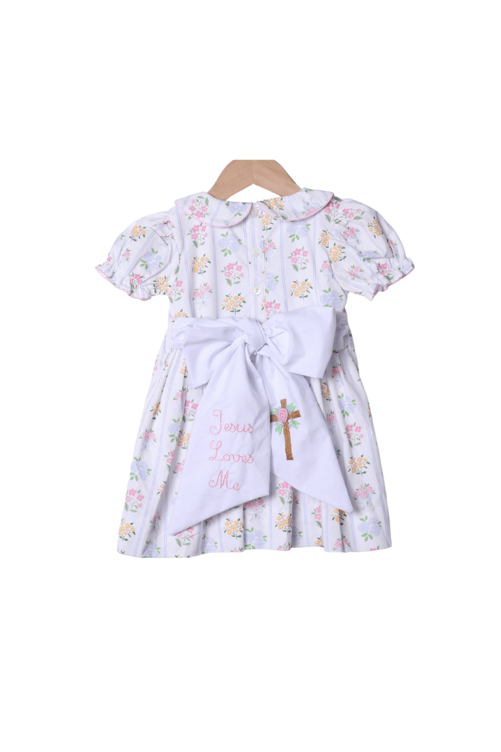 The Smocked Flamingo Apparel & Accessories Embroidered Jesus Loves Me Floral Cross Dress
