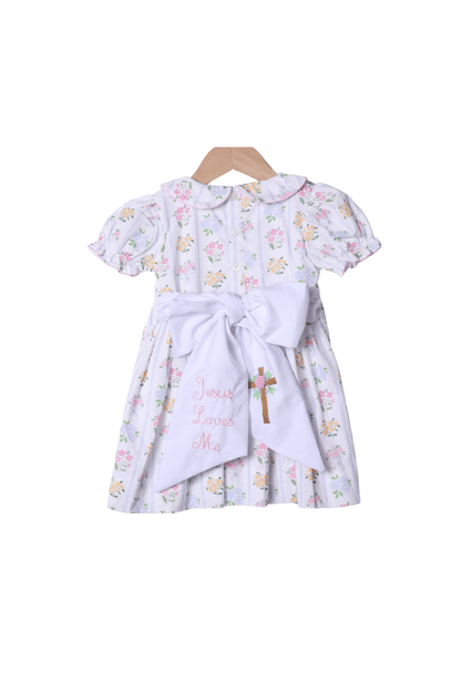 The Smocked Flamingo Apparel & Accessories Embroidered Jesus Loves Me Floral Cross Dress