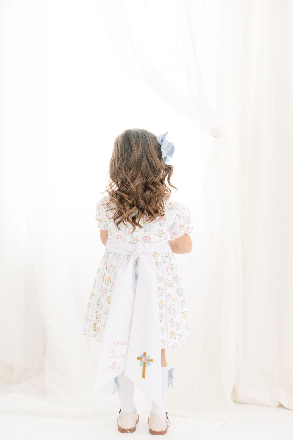 The Smocked Flamingo Apparel & Accessories Embroidered Jesus Loves Me Floral Cross Dress