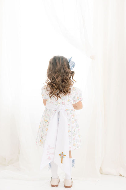 The Smocked Flamingo Apparel & Accessories Embroidered Jesus Loves Me Floral Cross Dress