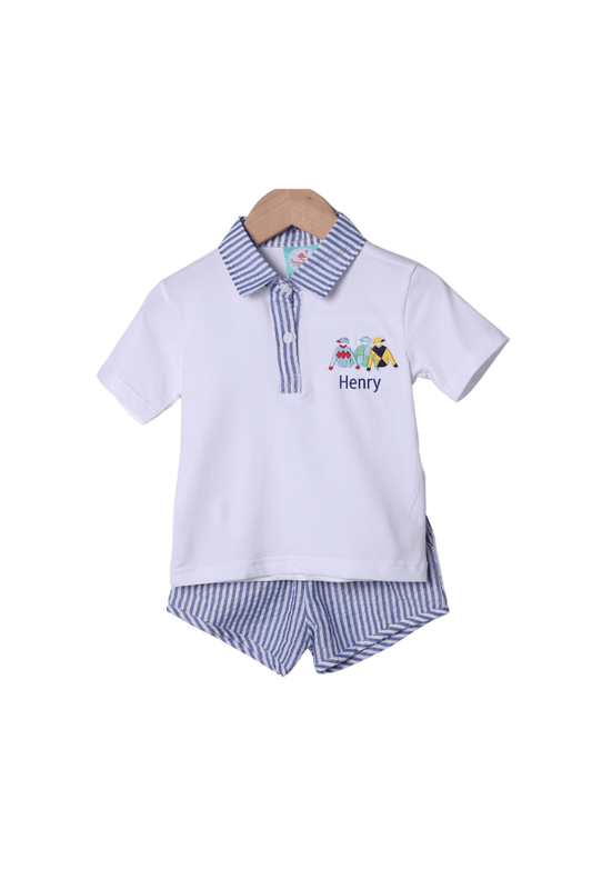 The Smocked Flamingo Apparel & Accessories Embroidered Jockey Silks Navy Seersucker Polo Short Set