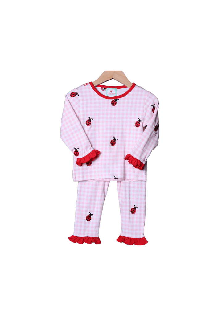 The Smocked Flamingo Apparel & Accessories Embroidered Love Bug Pink GIngham Pajamas