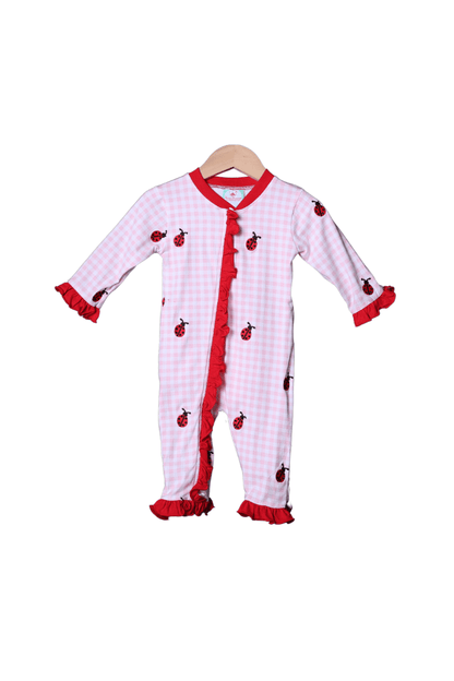 The Smocked Flamingo Apparel & Accessories Embroidered Love Bug Pink GIngham Zippy