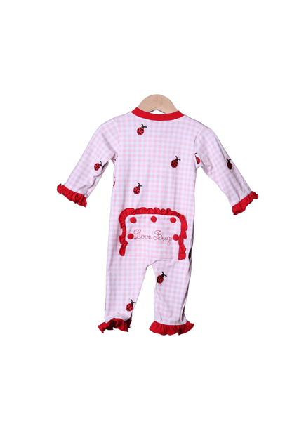 The Smocked Flamingo Apparel & Accessories Embroidered Love Bug Pink GIngham Zippy