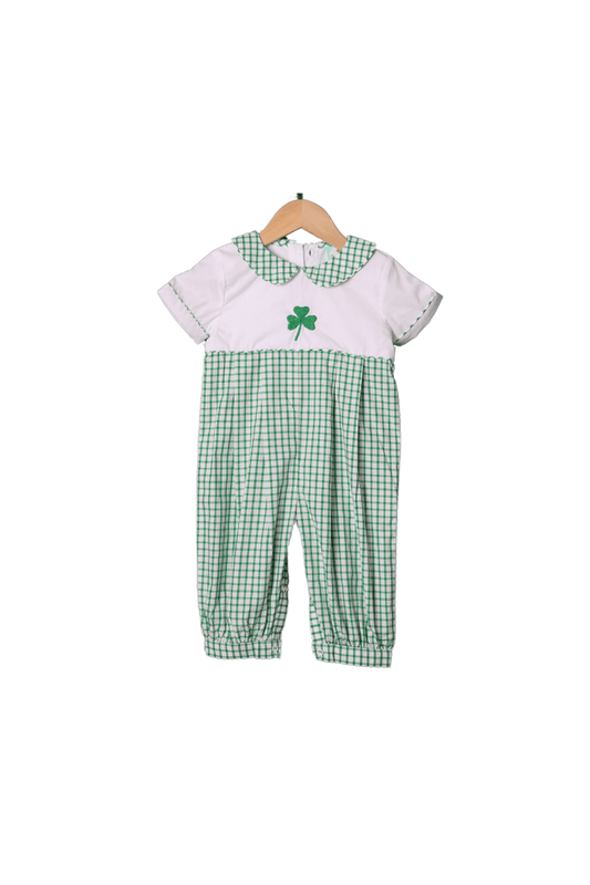 The Smocked Flamingo Apparel & Accessories Embroidered Lucky Clover Green Windowpane Romper