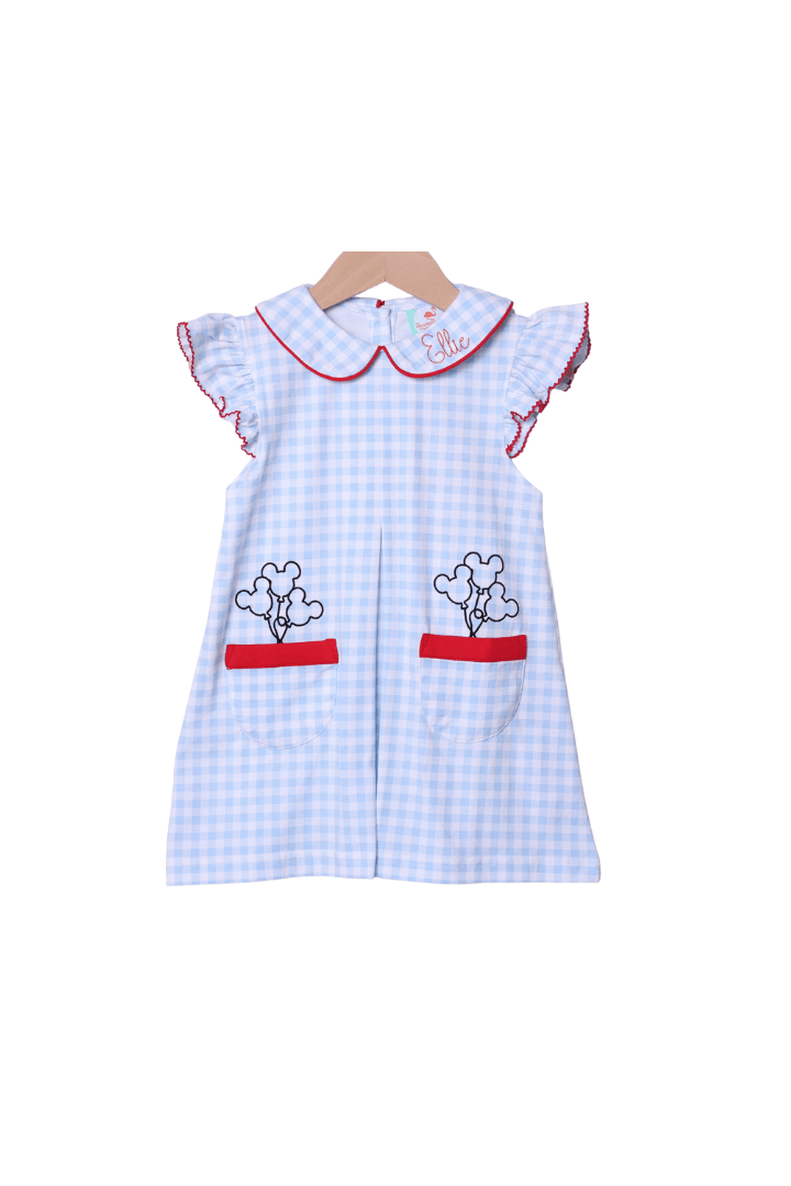 The Smocked Flamingo Apparel & Accessories Embroidered Magical Balloon Blue Gingham Knit Dress
