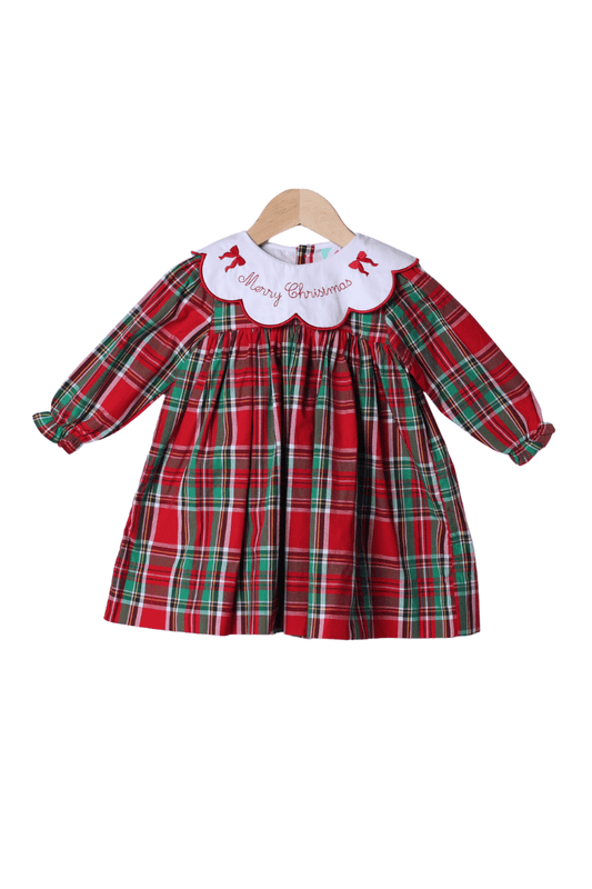 The Smocked Flamingo Apparel & Accessories Embroidered Merry Christmas Plaid Dress