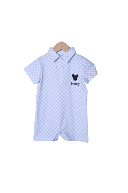 The Smocked Flamingo Apparel & Accessories Embroidered Mouse Blue Gingham Polo Romper