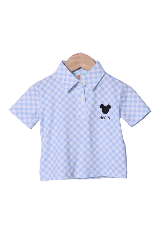 The Smocked Flamingo Apparel & Accessories Embroidered Mouse Blue Gingham Polo Shirt