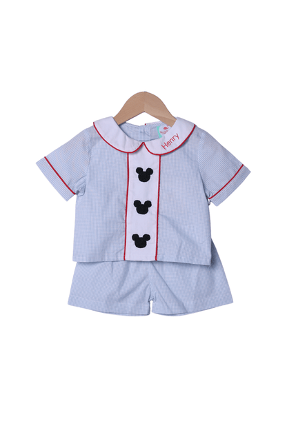 The Smocked Flamingo Apparel & Accessories Embroidered Mouse Blue Gingham Short Set