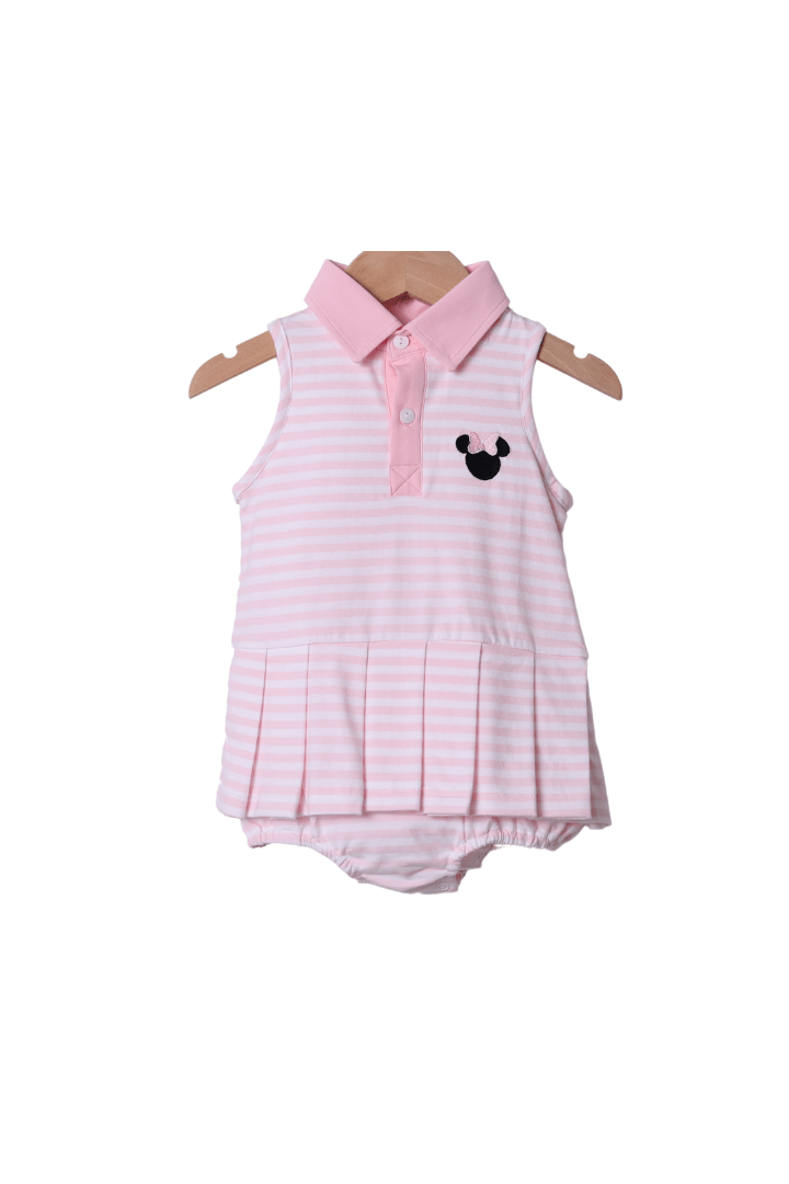 The Smocked Flamingo Apparel & Accessories Embroidered Mouse Pink Stripe Skirted Bubble