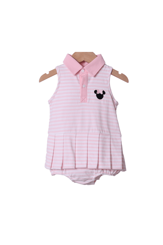 The Smocked Flamingo Apparel & Accessories Embroidered Mouse Pink Stripe Skirted Bubble